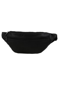 Banane en cuir noir avec deux compartiments horizontaux zippés et une sangle ajustable pour un port mains libres.