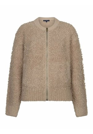 Beige fleecejack met structuur, lange mouwen, ronde hals en ritssluiting aan de voorkant.