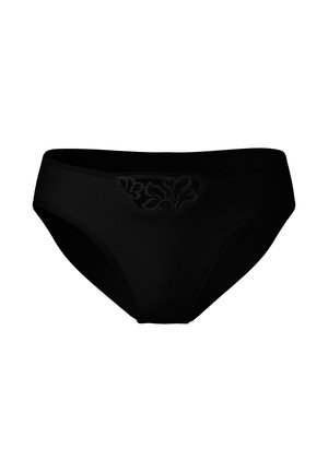 Black cotton panty with a smooth texture, features an embroidered floral design at the waistband, offering a classic brief shape.