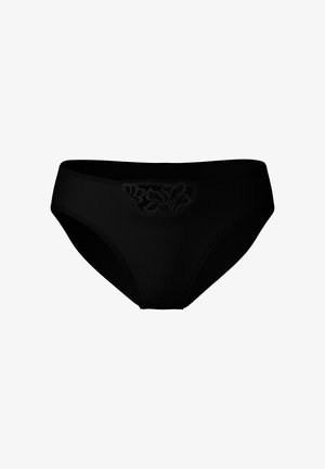 Black cotton panty with a smooth texture, features an embroidered floral design at the waistband, offering a classic brief shape.