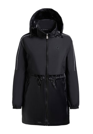 Must kapuutsiga pikk jakk esilukuga, vöökohas paelaga reguleeritav ja varruka triibud, rinnal väike ümmargune logo.