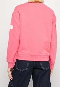 Felpa in cotone rosa con forma rilassata, polsini e orlo a coste. Presenta un piccolo etichetta sul maniche sinistro e una texture liscia.
