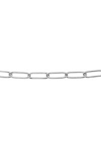 Catena in acciaio inox con anelli allungati, caratterizzata da una finitura lucida e una superficie liscia; gli anelli sono di forma uniforme e collegati tra loro.