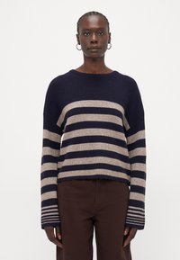 Marineblå og beige stripet strikket genser med løs passform, vide ermer og ribbestrikket tekstur. Kombinert med brune bukser, har den rund hals.