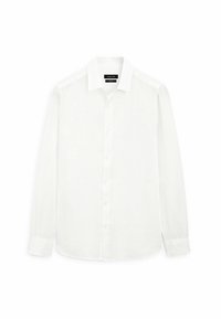 Witte lange mouwen shirt van lichtgewicht stof. Beschikt over een klassieke kraag, knoopsluiting en manchetten. Gladde textuur zonder patronen.