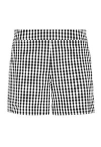 Black and white gingham check shorts with a flat waistband and no visible closures. Fabric appears lightweight with a smooth texture.