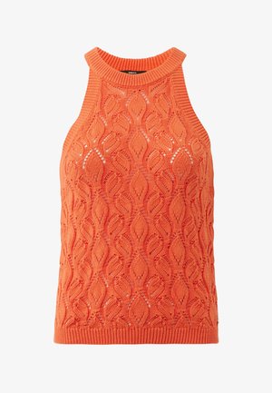Top arancione senza maniche in maglia con collo alto rotondo e intricato motivo ajour a foglie.