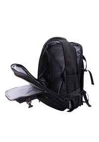 Black backpack with multiple compartments, fabric exterior, gray interior lining, front pocket, and zipper closures.
