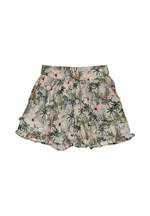 Light-colored skirt with tropical print featuring zebras, palm trees, and pink flowers, with ruffled hem and elastic waistband.