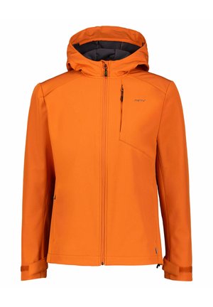 Orangene Outdoorjacke mit Kapuze, Reißverschluss vorne, seitlichen Taschen und einer Brusttasche. Verfügt über einen glatten, leicht strukturierten Stoff.