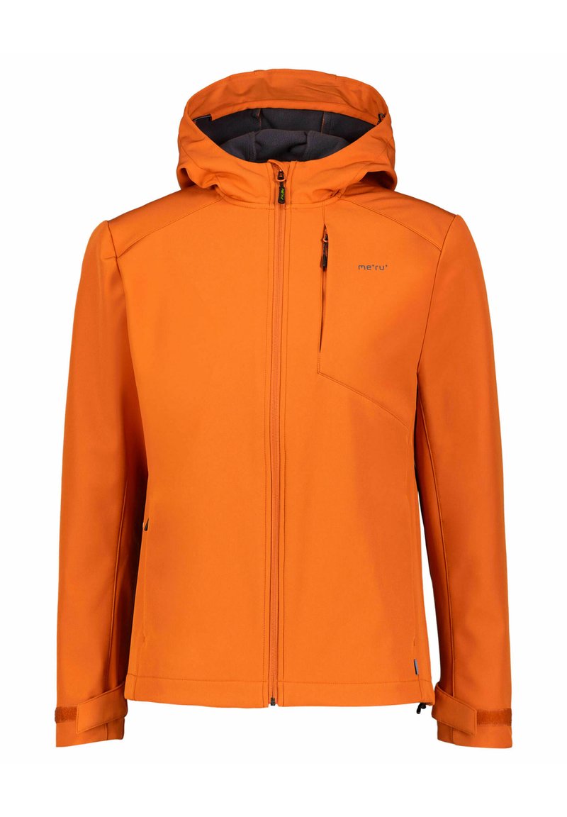 Orangene Outdoorjacke mit Kapuze, Reißverschluss vorne, seitlichen Taschen und einer Brusttasche. Verfügt über einen glatten, leicht strukturierten Stoff.