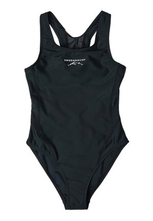 Czarny jednoczęściowy kostium kąpielowy z designem racerback oraz białym logo "Swedemount" i grafiką gór na piersi.