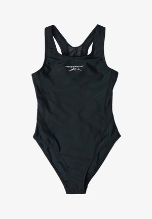 Czarny jednoczęściowy kostium kąpielowy z designem racerback oraz białym logo "Swedemount" i grafiką gór na piersi.