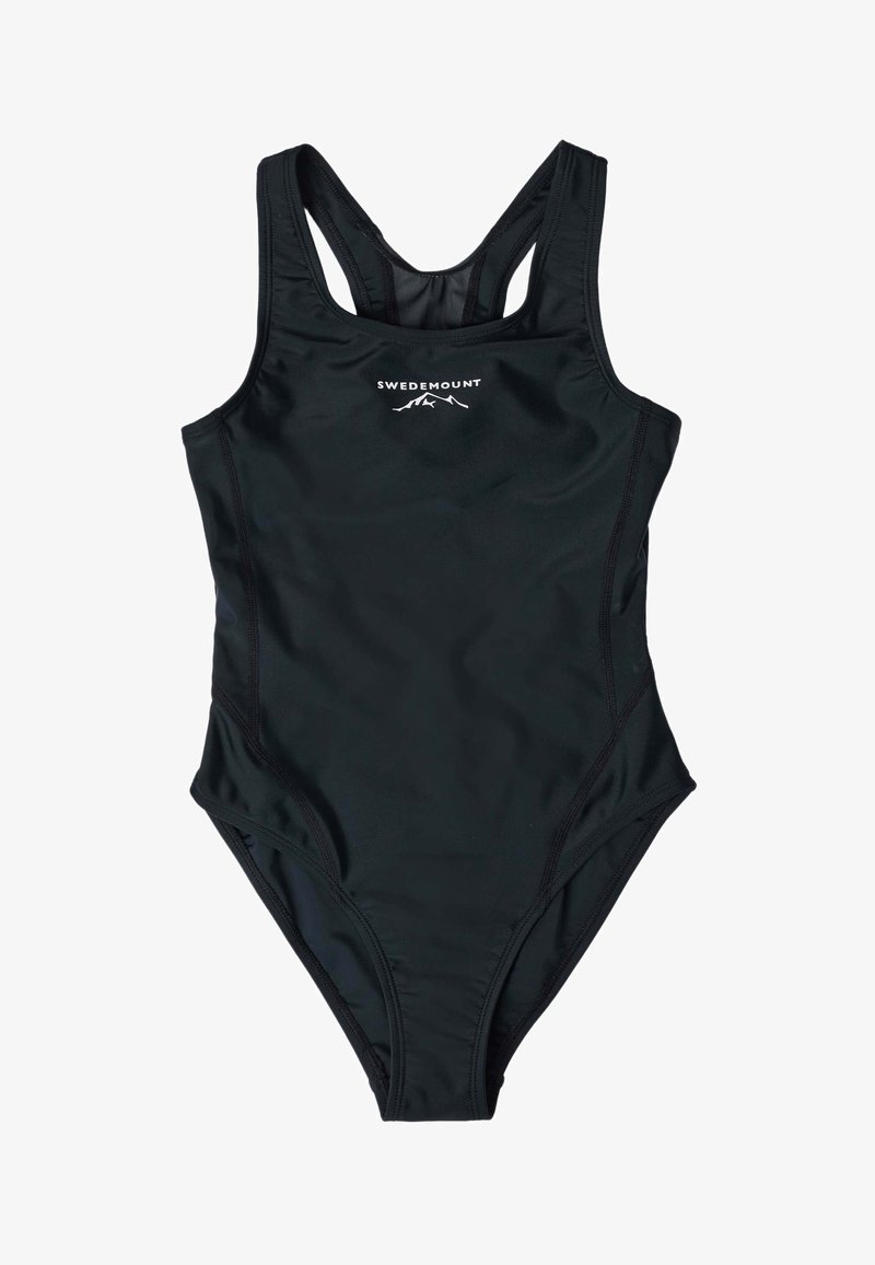Maillot de bain une pièce noir avec design racerback et logo blanc "Swedemount" ainsi qu'un graphisme de montagne sur la poitrine.
