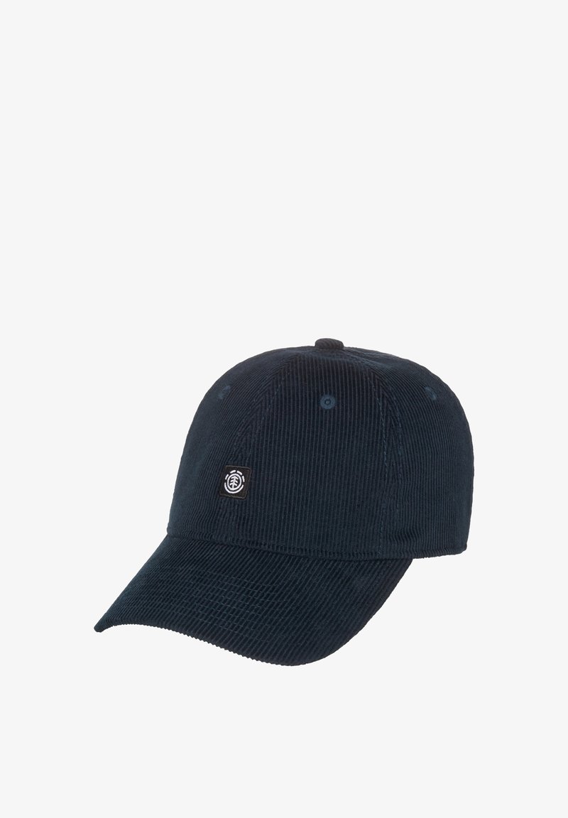 Casquette de baseball en velours côtelé bleu marine avec une couronne arrondie, une visière pré-courbée et une étiquette noire avec logo à l'avant. Tissu texturé avec des rainures visibles.