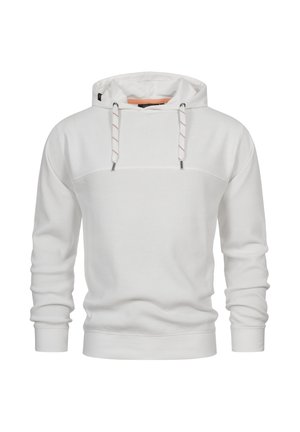 Sweatshirt à capuche blanc avec un corps texturé, des poignets et un ourlet côtelés. Présente des cordons de serrage contrastants et un design simple sans logos.