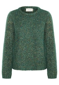Grönstickad tröja med rund halsringning och långa ärmar, med flerfärgade fläckar genom den texturerade tyget.