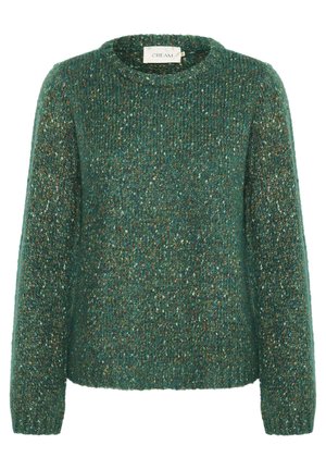 Maglione verde a maglia con scollatura tonda e maniche lunghe, caratterizzato da sfumature multicolori su tutto il tessuto strutturato.