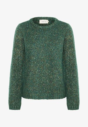Zelený pletený svetr s kulatým výstřihem a dlouhými rukávy, s mnohobarevnými flíčky v texturované tkanině.
