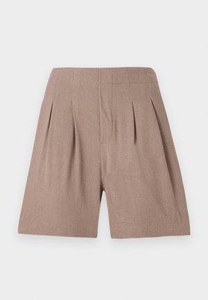 Calções castanhos com pregas, feitos de um material leve, com uma textura suave e um corte ajustado, apresentando um design clean e minimalista.