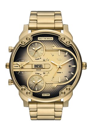 Gold-tone Diesel watch features a multi-dial design with a textured black gradient face, date complication, and a solid gold bracelet.