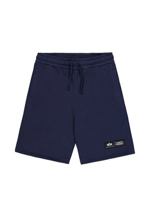 Tumesinised vabaaja lühikesed püksid elastse vöö, nööriga, küljetaskute ja vasakul jalal musta ristkülikukujulise logomärgiga.