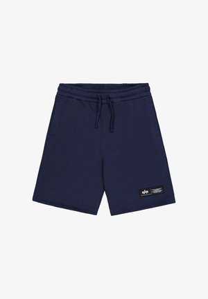 Tumesinised vabaaja lühikesed püksid elastse vöö, nööriga, küljetaskute ja vasakul jalal musta ristkülikukujulise logomärgiga.