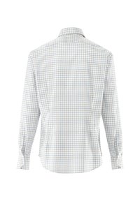 Camicia bianca a maniche lunghe con motivo a griglia blu, polsini con bottoni, colletto standard e spacchi laterali per una maggiore libertà di movimento.