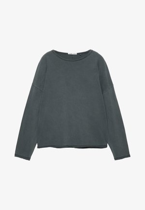 Mørkegrå langærmet sweatshirt med rund halsudskæring, faldende skuldre og rå kant. Fremstillet af blødt, tekstureret stof.