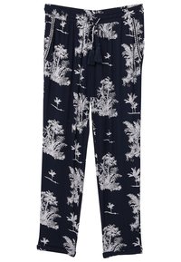 Námořnické kalhoty vyrobené z látky s bílými tropickými vzory. Mají elastický pas se stahovací šňůrkou a kapsami. Měkká textura.