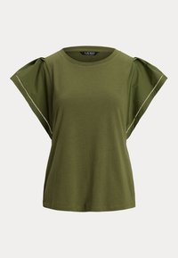 T-shirt verde oliva a maniche corte con maniche a sbuffo, scollatura rotonda e cuciture decorative lungo l'orlo. Materiale in cotone misto.
