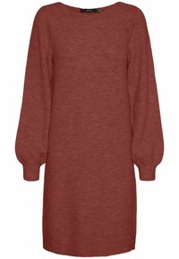 Robe-pull à manches longues de couleur rouille profonde. Confectionnée en tissu tricoté, elle présente un col rond et des poignets froncés. Design simple.