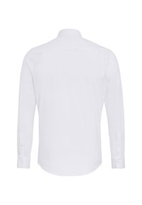 Witte lange mouwen shirt van gladde stof. Heeft een puntige kraag en knoopmanchetten. Het achterpand is eenvoudig zonder patronen.