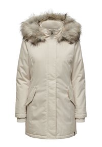 Parka d'hiver couleur crème avec fermeture éclair frontale, poches à rabat, poignets côtelés et capuche amovible ornée de fausse fourrure gris-brun.