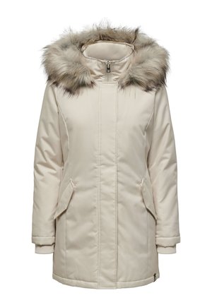 Parka d'hiver couleur crème avec fermeture éclair frontale, poches à rabat, poignets côtelés et capuche amovible ornée de fausse fourrure gris-brun.