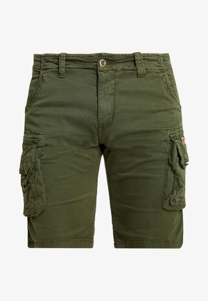 Zielone szorty cargo wykonane z bawełny, wyposażone w dwie boczne kieszenie, zapięcie na guzik oraz przeszycia zwiększające trwałość.