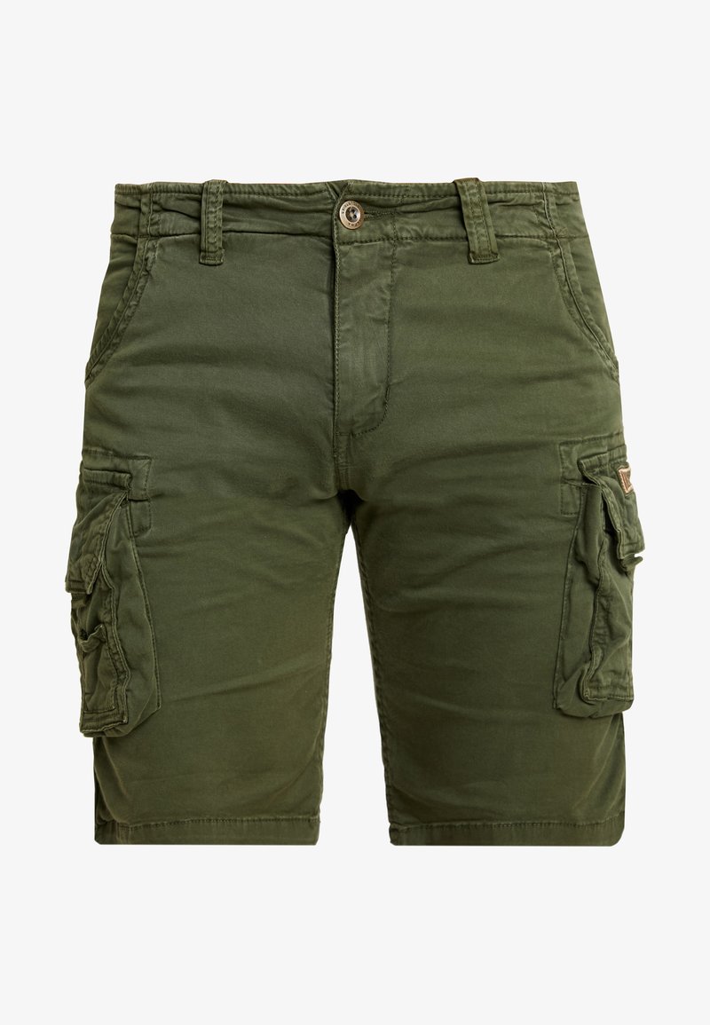 Zelene cargo kratke hlače iz bombaža, ki imajo dve stranski žepi, gumbasto zapiranje in prošite detajle za vzdržljivost.