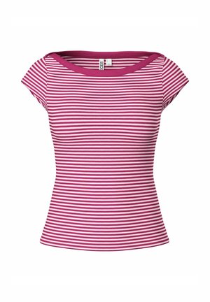 T-shirt femme à manches courtes avec des rayures horizontales roses et blanches et un col arrondi.