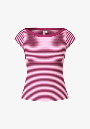 Short-sleeve women's T-shirt with pink and white horizontal stripes and a rounded neckline.
