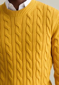 Gelbes Kabelstrick-Pullover mit strukturiertem, geripptem Design, Rundhalsausschnitt und weichem Strickstoff mit leichtem Glanz.