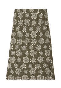 Jupe en coton vert olive avec des motifs floraux blancs, une silhouette droite et une texture lisse tout au long.