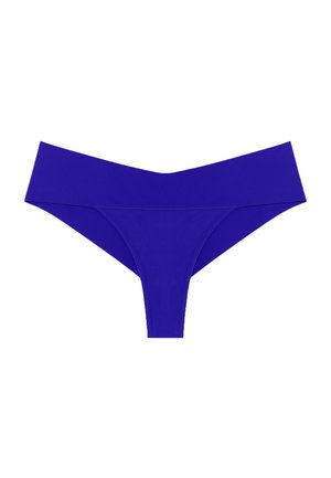 Purple thong underwear featuring a smooth, stretchy fabric, minimalist design, and wide waistband for comfort. No patterns or hardware.