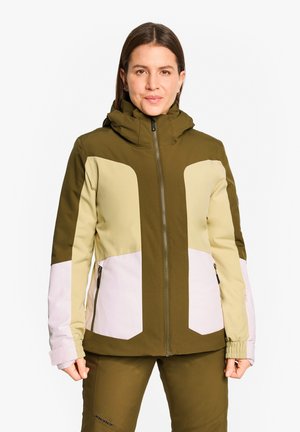 Insulated jacket in olive green with beige and light pink panels. Features a high collar, zippered pockets, and elastic cuffs.