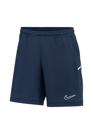 Short de sport bleu foncé avec une ceinture élastique et un logo Nike blanc sur le bas de la jambe droite, présenté sur un fond uni.