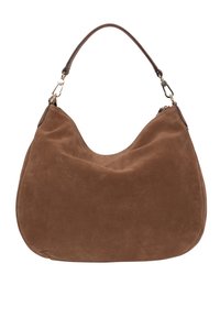 Braune Wildleder-Hobo-Tasche mit geschwungenem Silhouette, flachem Boden und halb strukturiertem Design. Verfügt über einen Schultergurt und silberfarbene Beschläge.