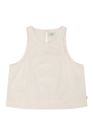 Bezruký béžový crop top s okrúhlym výstrihom a zapínaním na gombíky na chrbte, s malou značkou "Lee" vo vnútri goliera.
