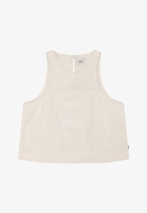 Haut court beige sans manches avec encolure ronde et fermeture par boutons dans le dos, présentant une petite étiquette de la marque "Lee" à l'intérieur du col.