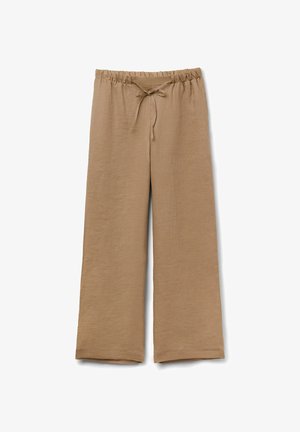 Lichtbruine broek met wijde pijpen, een elastische tailleband en een vooraan vast te trekken koord, gemaakt van gestructureerde stof.