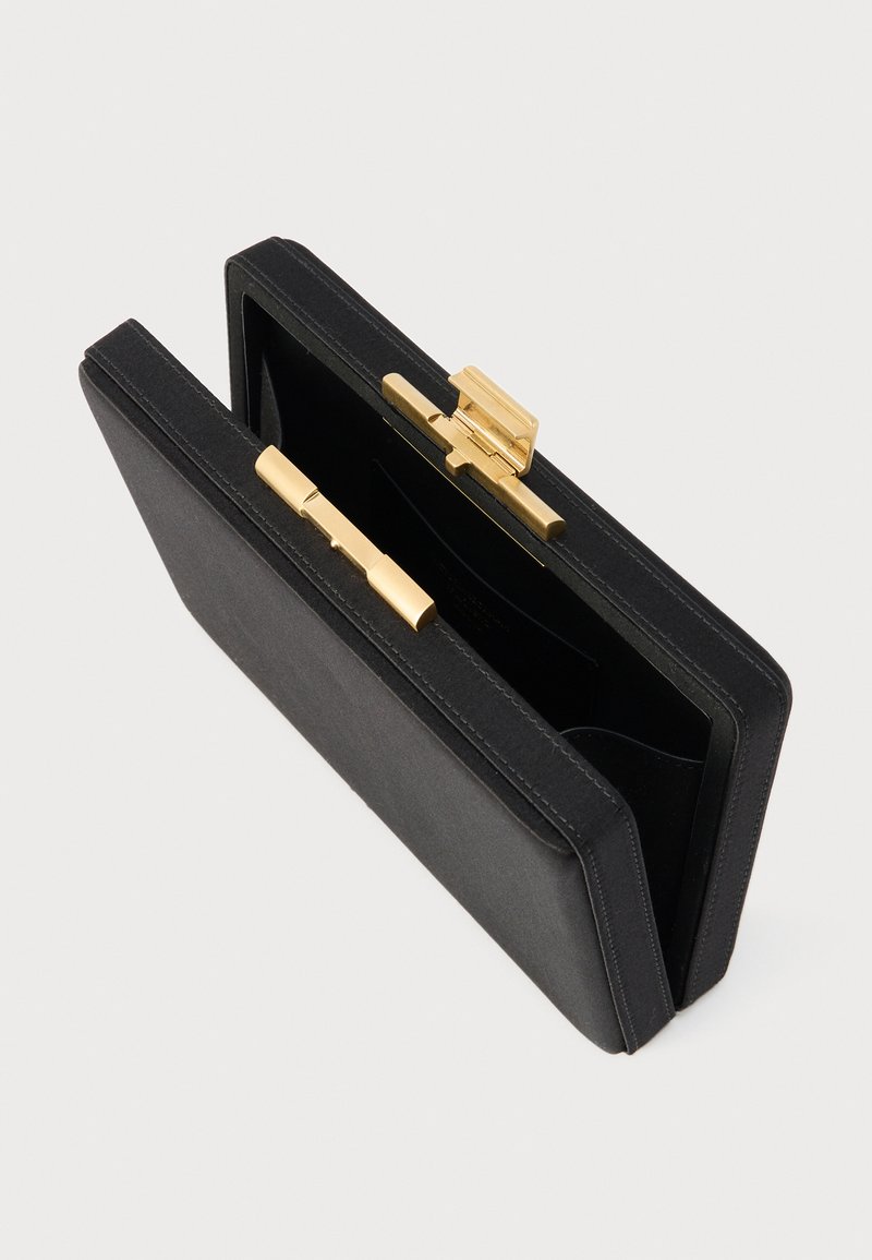 Rectangular black clutch purse with gold clasp lock, shown slightly open on a plain light background.