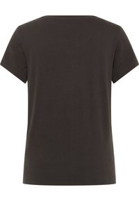 T-shirt grigio scuro a maniche corte, con collo rotondo, realizzato in tessuto morbido con una texture liscia e senza motivi o decorazioni visibili.